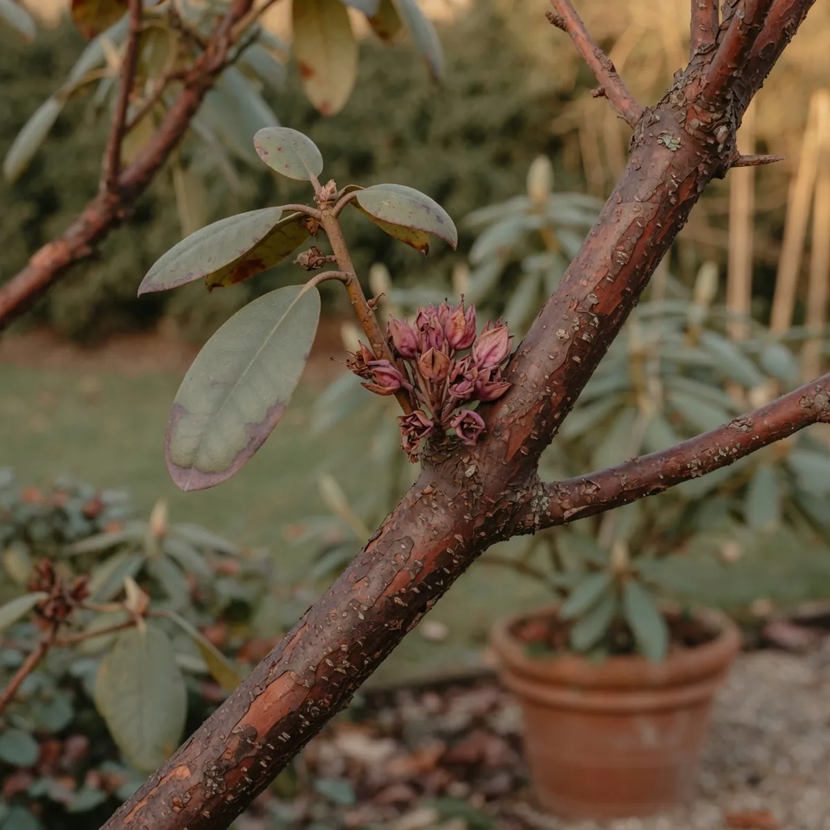 A close-up of a rhododendron branch showing darkened, reddish-brown bark and sparse foliage.