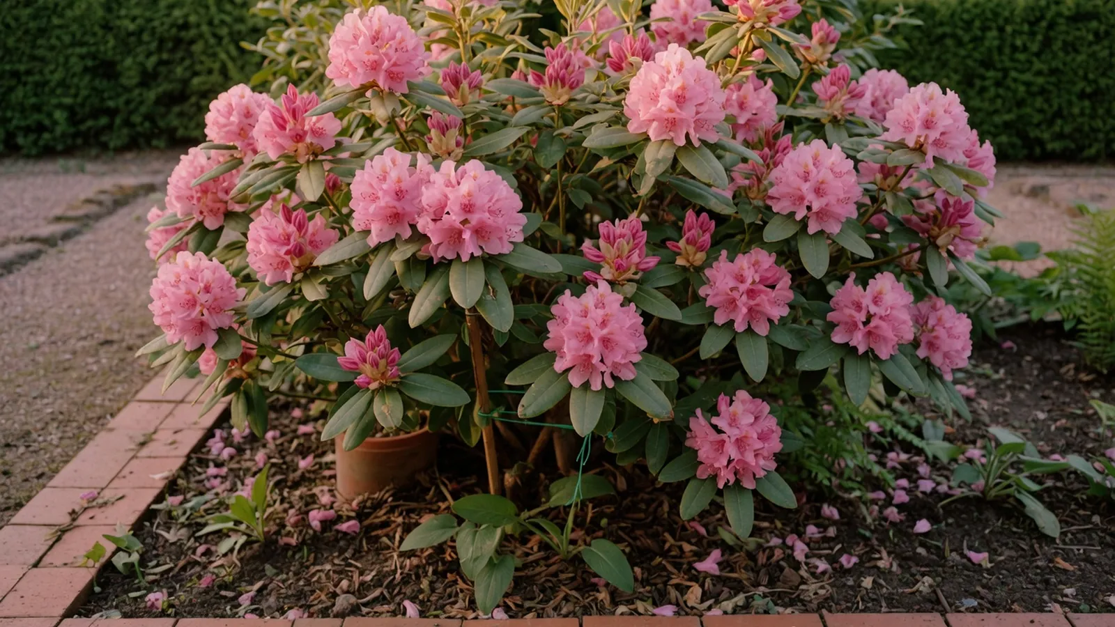 A healthy rhododendron bush in full bloom with vibrant pink flowers and glossy green leaves.