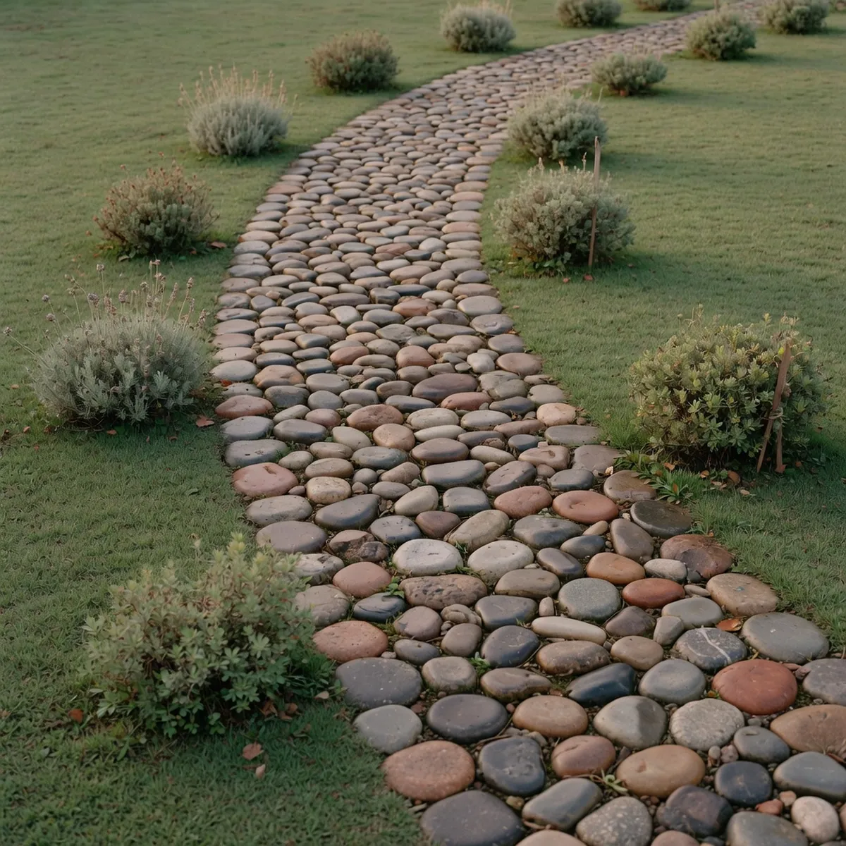 A curved garden path paved with polished river rocks in neutral tones.