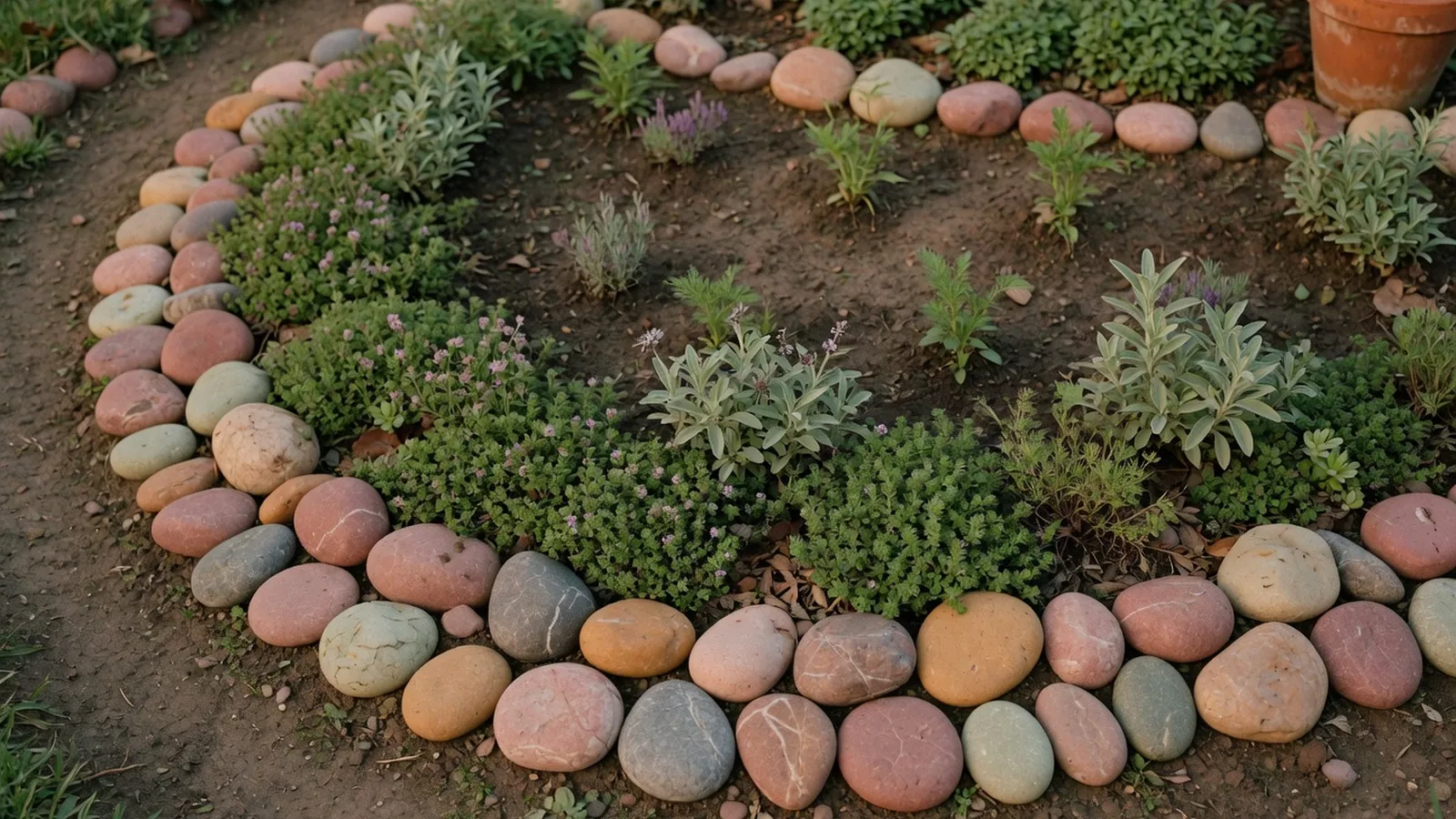 Smooth river rocks form a decorative border around a garden bed with low green plants.