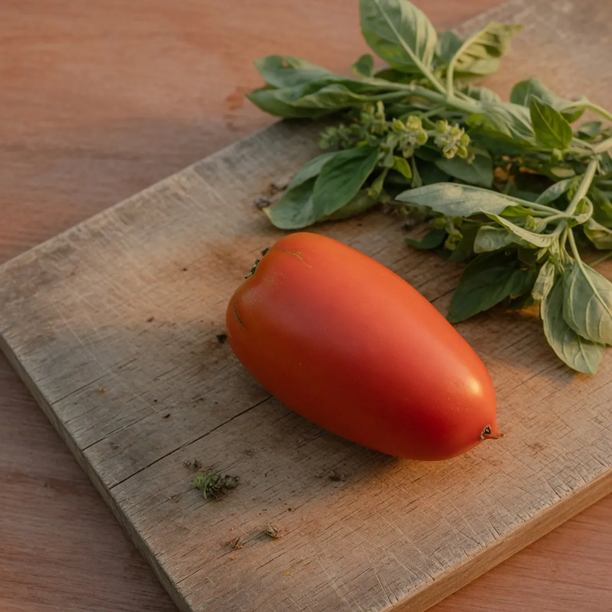 An elongated red roma tomato resting on a wooden cutting board alongside fresh basil leaves.