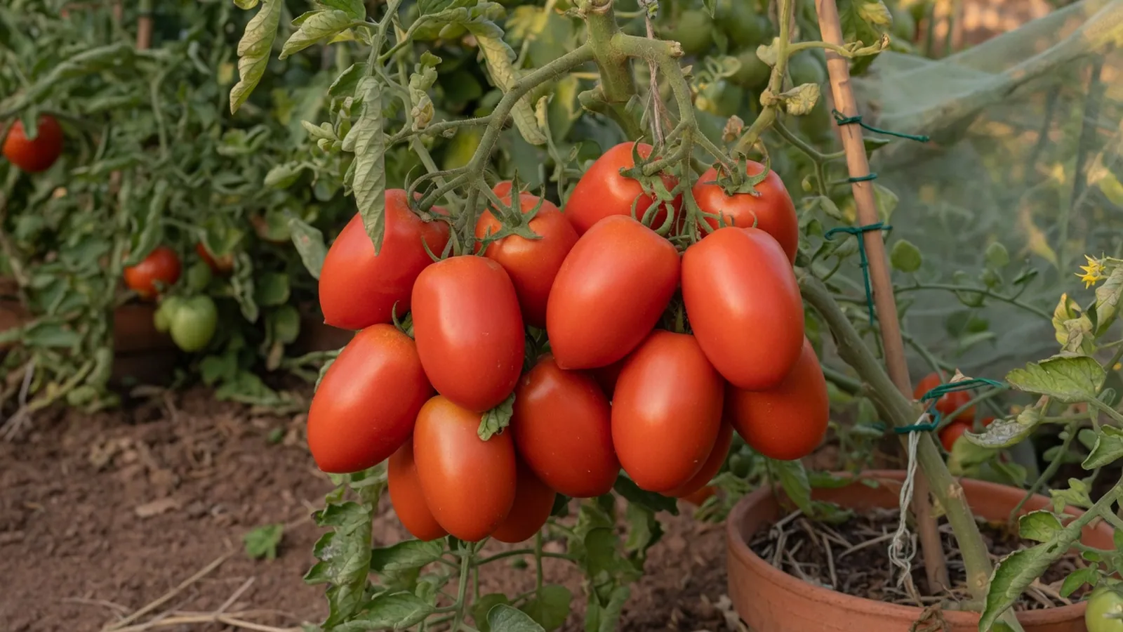 A cluster of ripe red roma tomatoes hanging from a healthy green vine in a sunny garden.