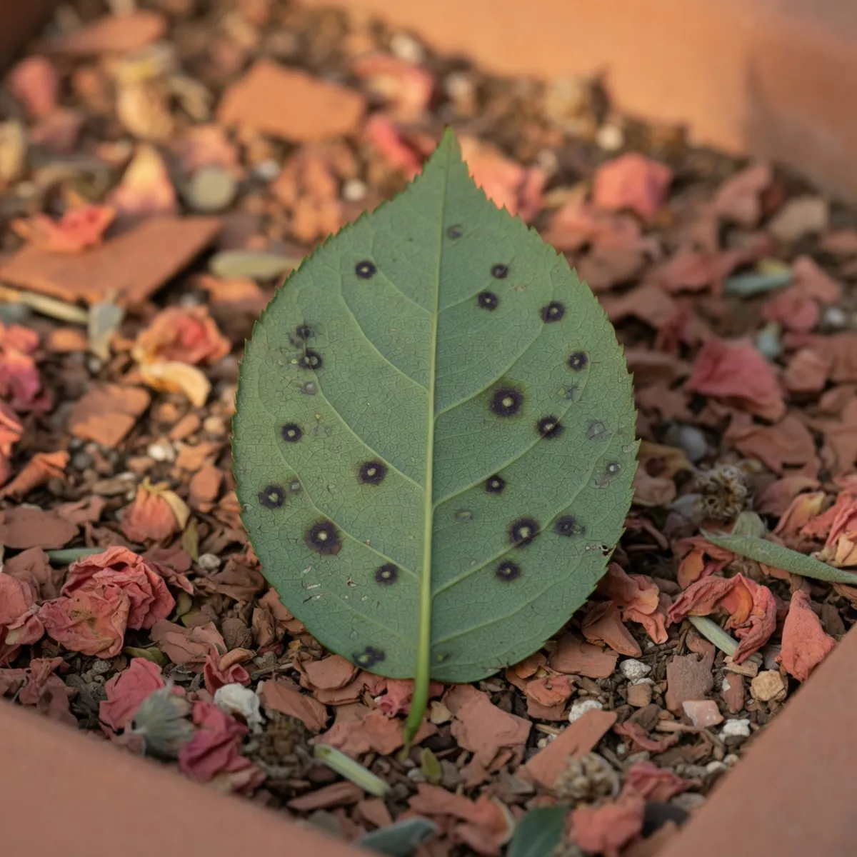 A green rose leaf displaying distinct dark circular spots along its veins against a soft garden background.
