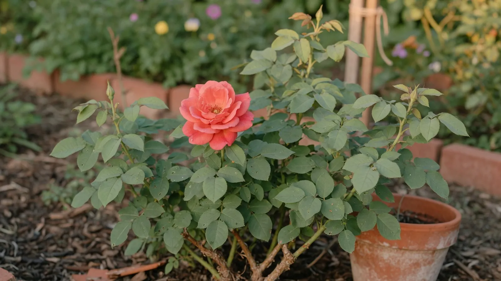 A vibrant rose bush with lush green foliage and a single blooming flower, set against a soft-focus garden backdrop.