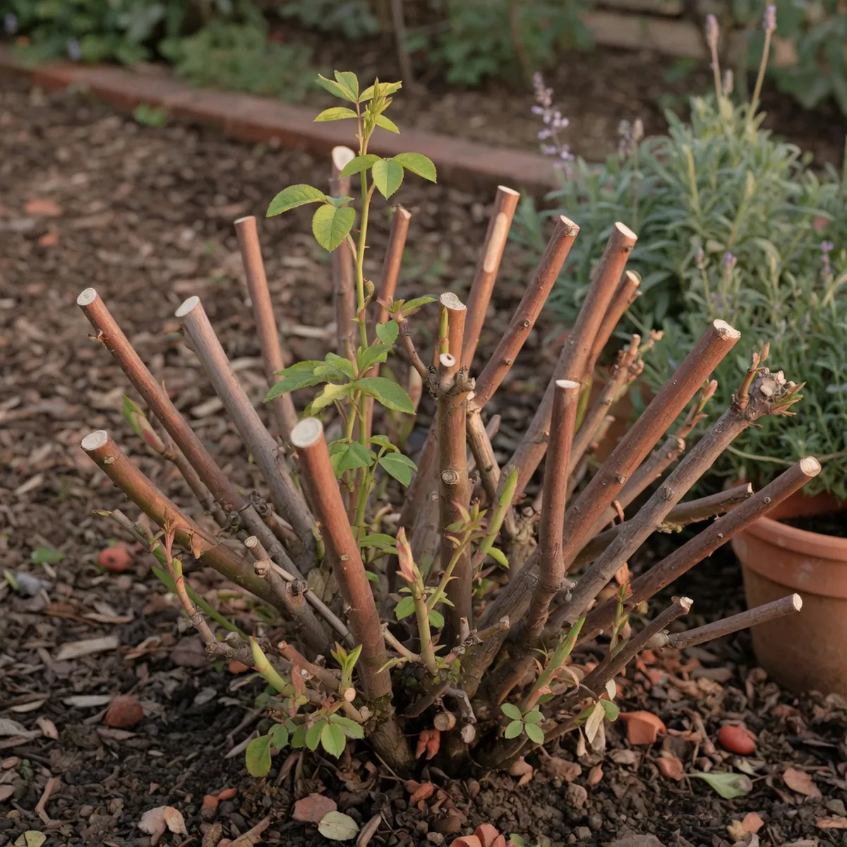 A pruned rose bush with fresh green shoots emerging from cut stems in a garden bed.