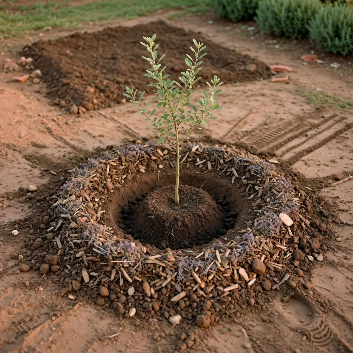 A young Royal Poinciana sapling planted in a prepared hole with a protective mulch ring kept clear of the trunk.