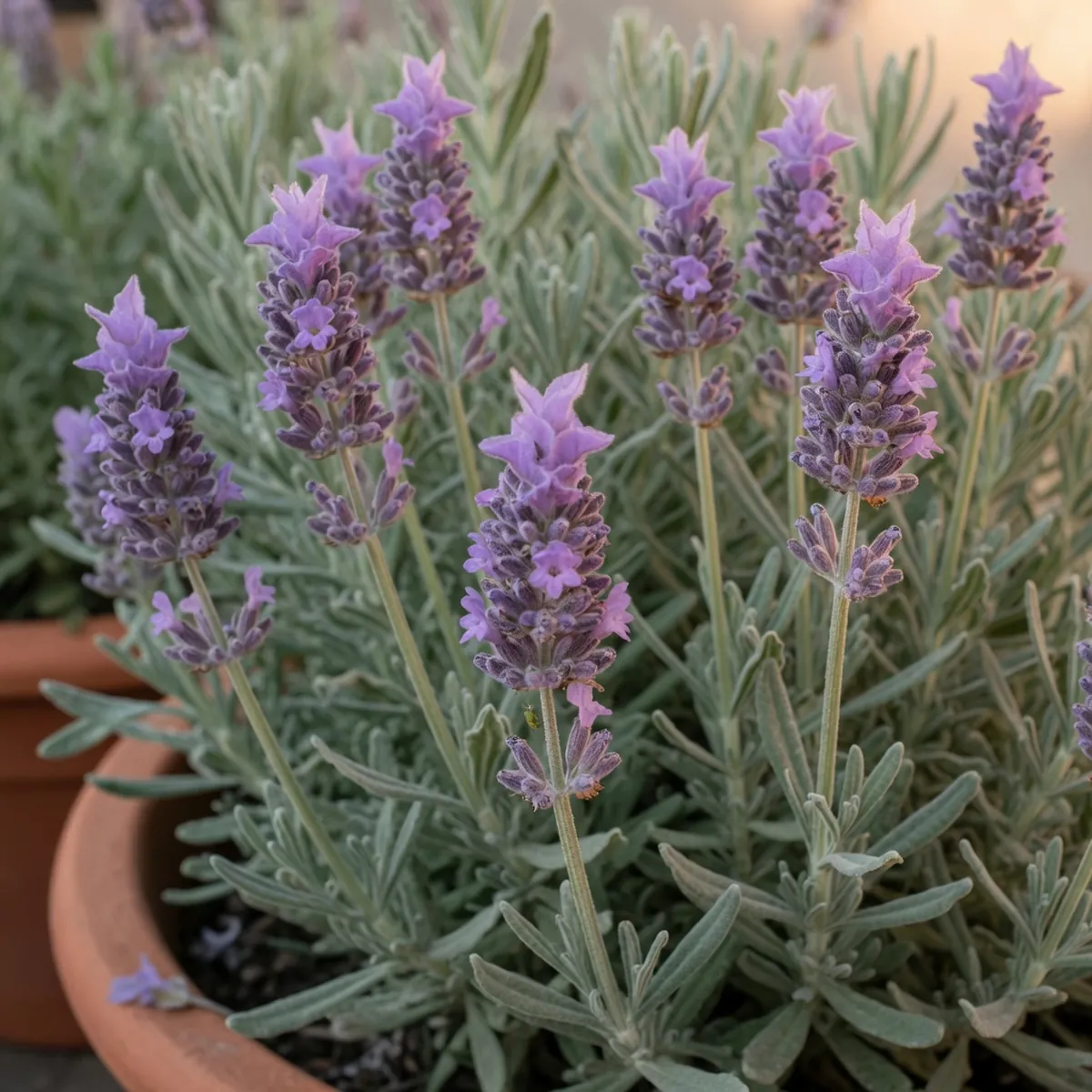 Close-up view of dense clusters of tubular lavender flowers blooming on the upright stems of a Russian sage plant.