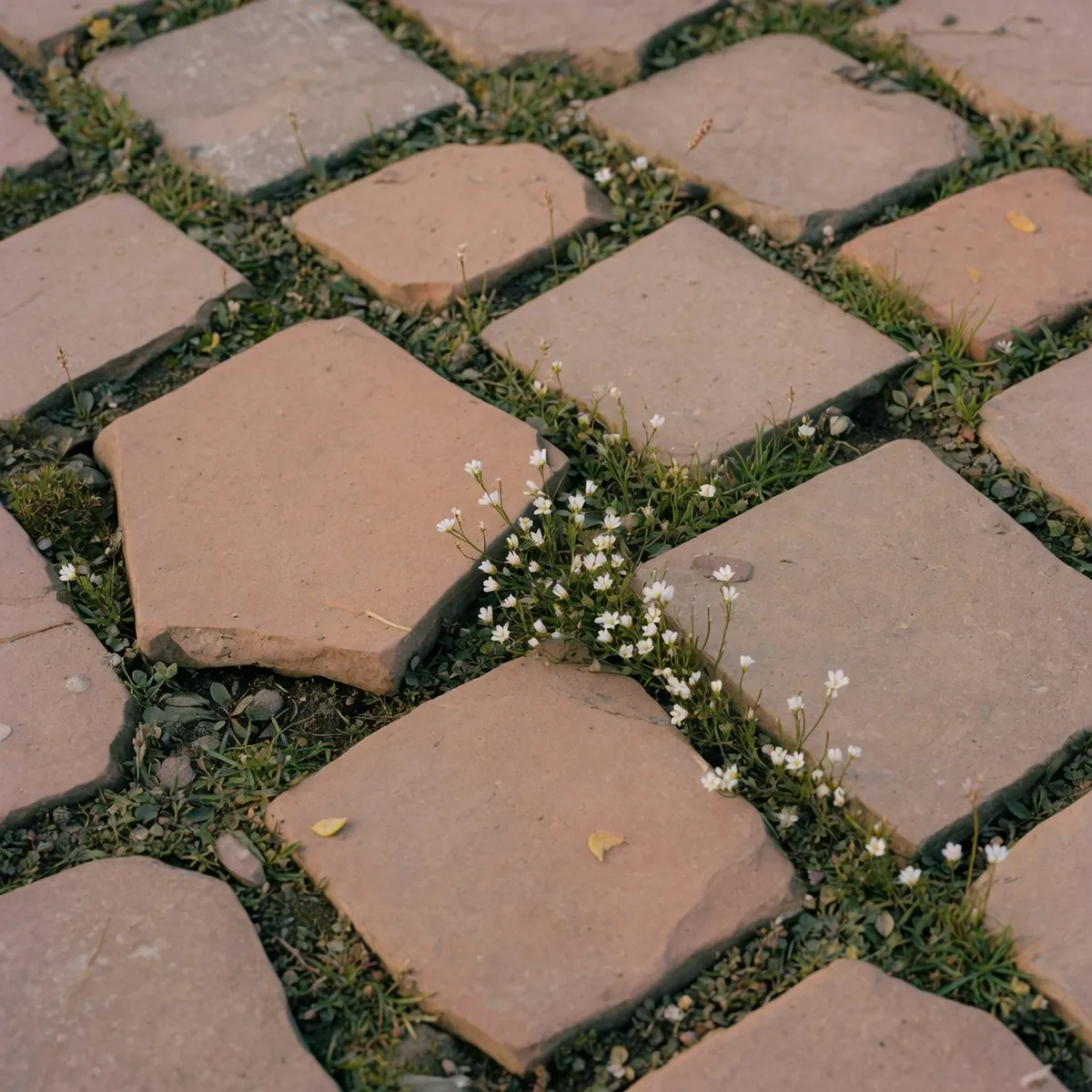 Natural stone paving with small grass patches and flowers growing through the cracks.