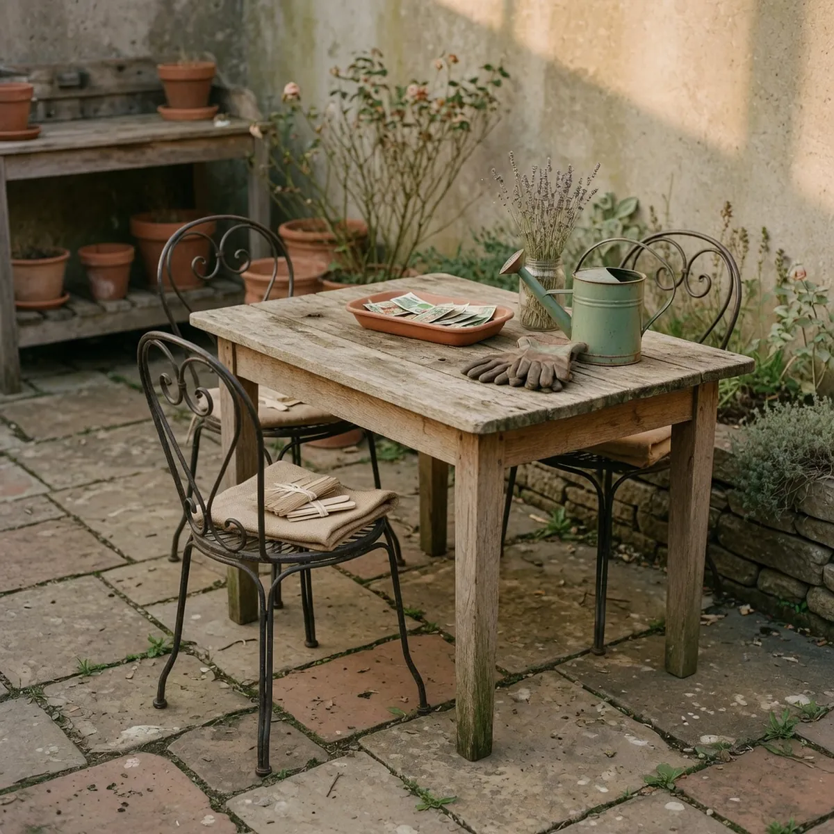 A weathered oak table and wrought-iron chairs arranged on a rustic patio.