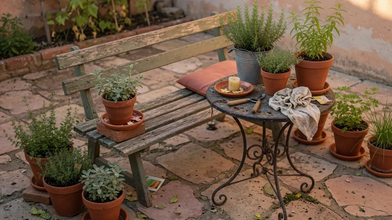 A weathered wooden bench and wrought-iron table on a stone patio surrounded by potted herbs.