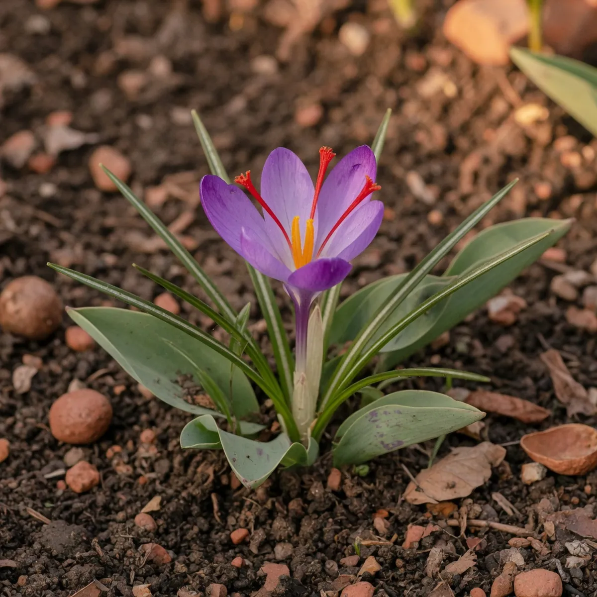 A single purple crocus flower with three prominent red stigmas emerging from its center among narrow green leaves.