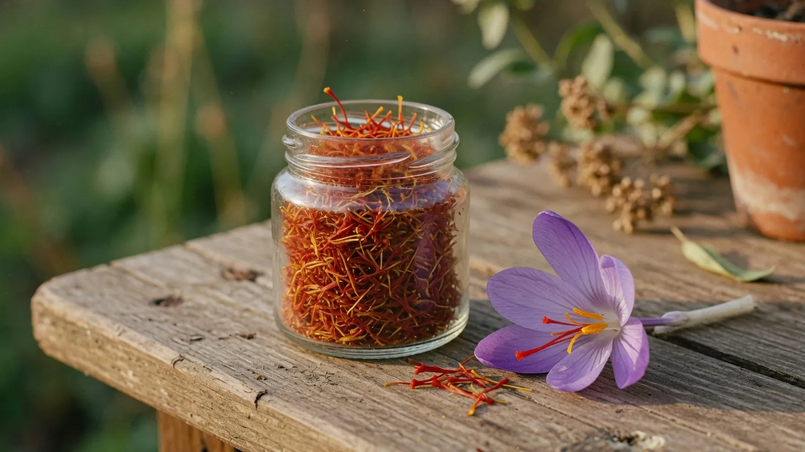 A glass jar of dried saffron threads sits beside a fresh purple crocus bloom on a wooden surface.