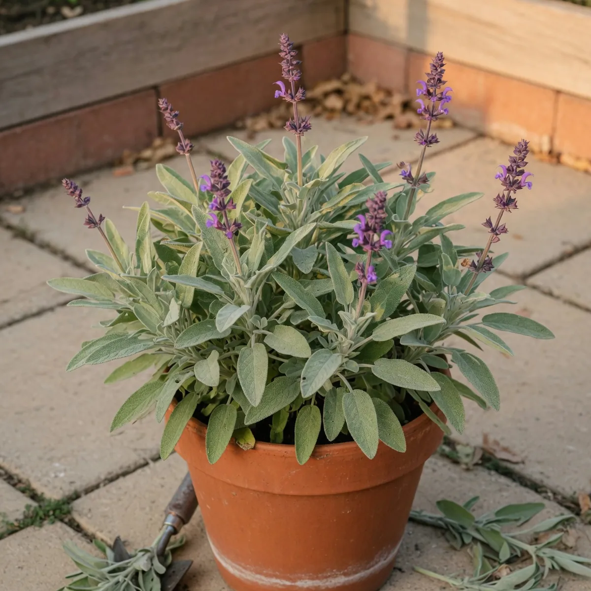 A potted sage plant with silvery leaves and purple flowers sits on a sunny patio.