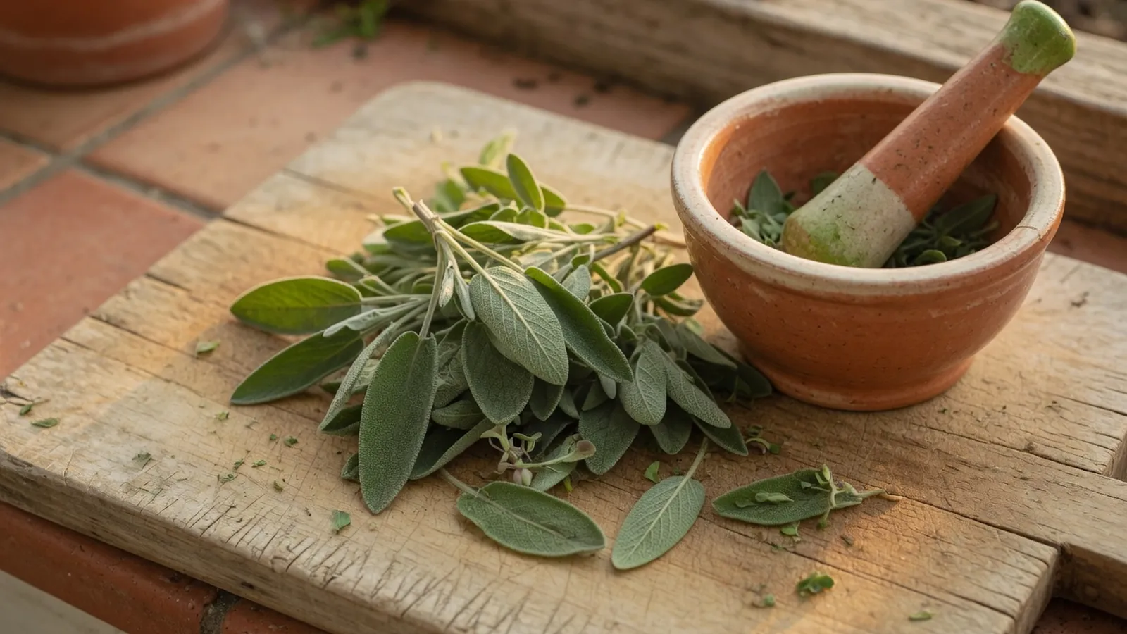 Fresh sage leaves rest on a wooden cutting board beside a ceramic mortar and pestle.