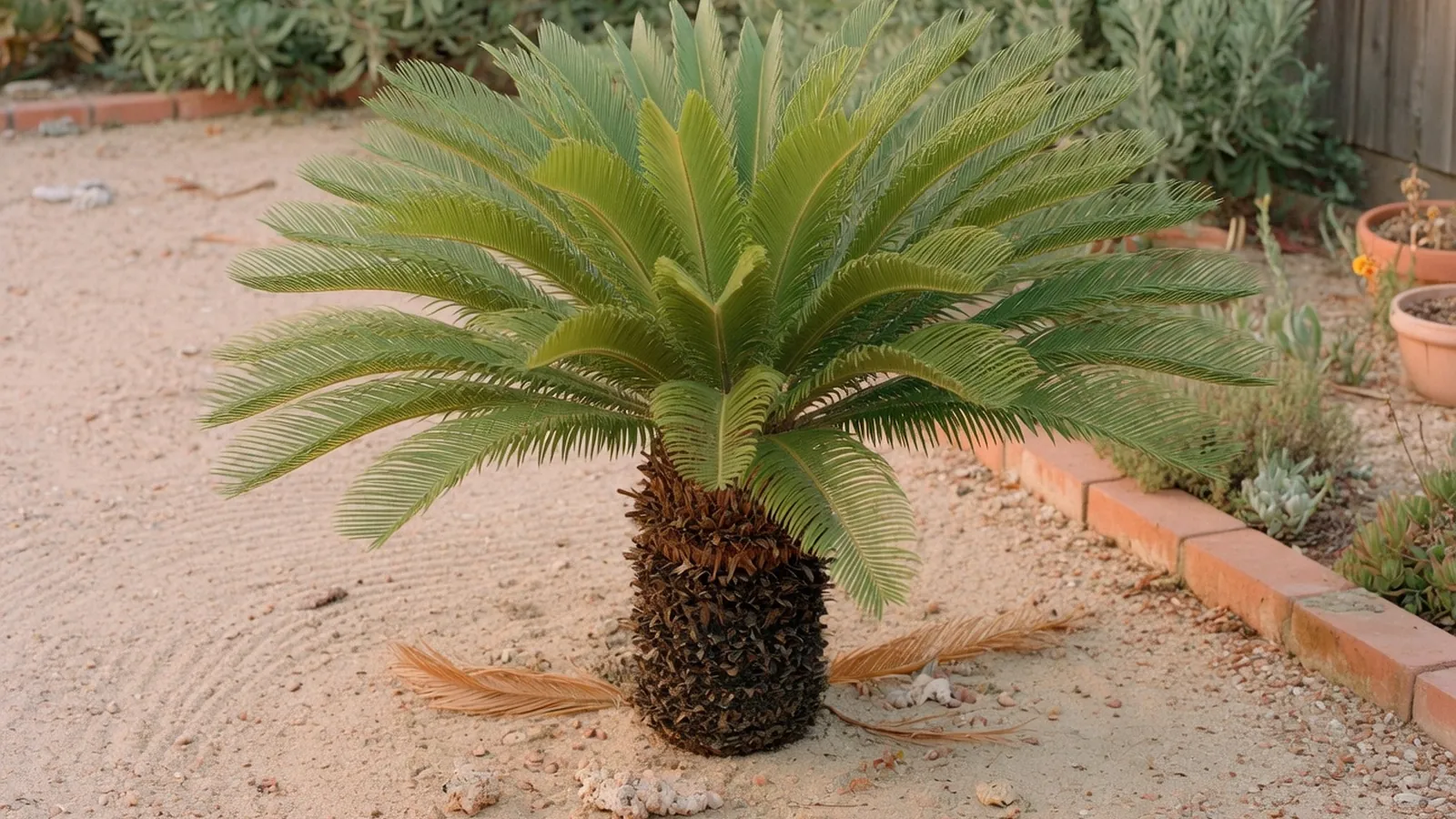 A mature sago palm displaying its characteristic stout trunk and large crown of bright green compound leaves.