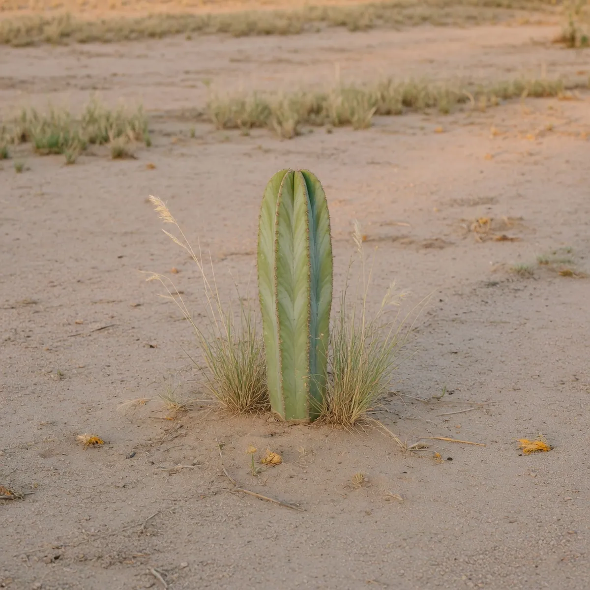 A young, small saguaro cactus standing alone in sandy desert soil with sparse dry grasses.