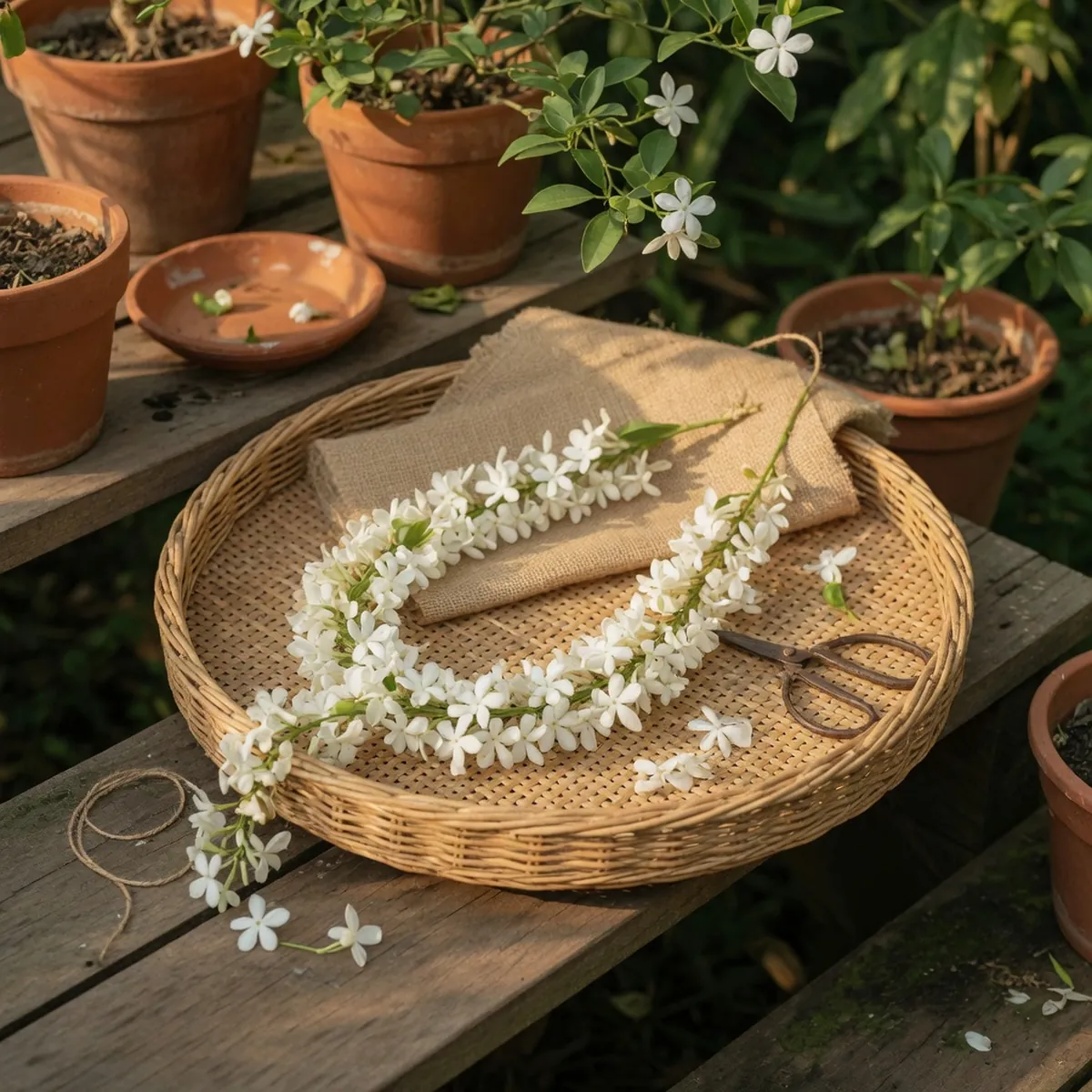 A white sampaguita flower garland resting on a woven tray in a garden setting.