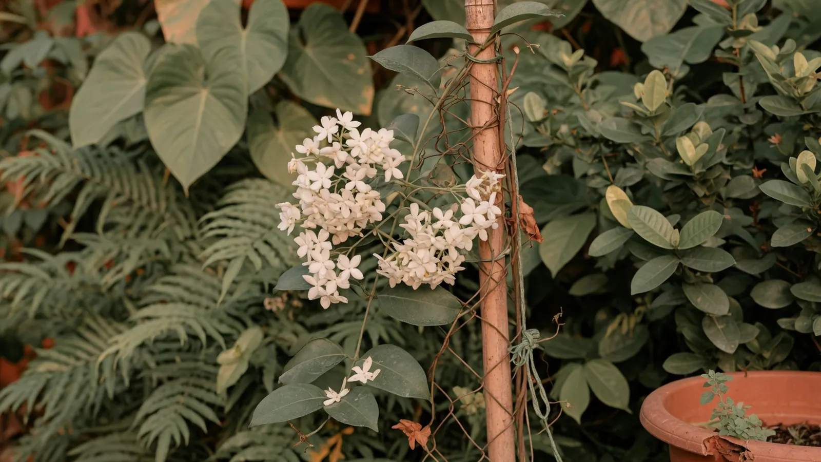Small white sampaguita flowers blooming on a climbing vine in a tropical garden.