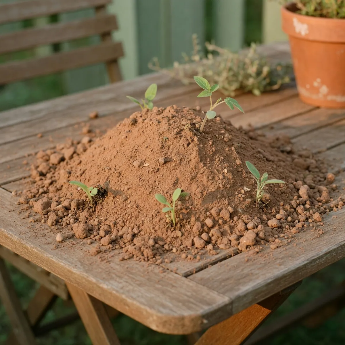 A mound of reddish-brown sandy loam soil with small green seedlings sprouting nearby on a wooden surface.