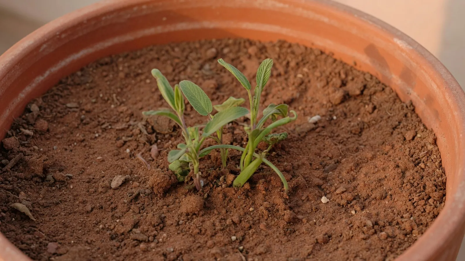 Healthy green plants growing in rich reddish-brown sandy loam soil within a terracotta pot.