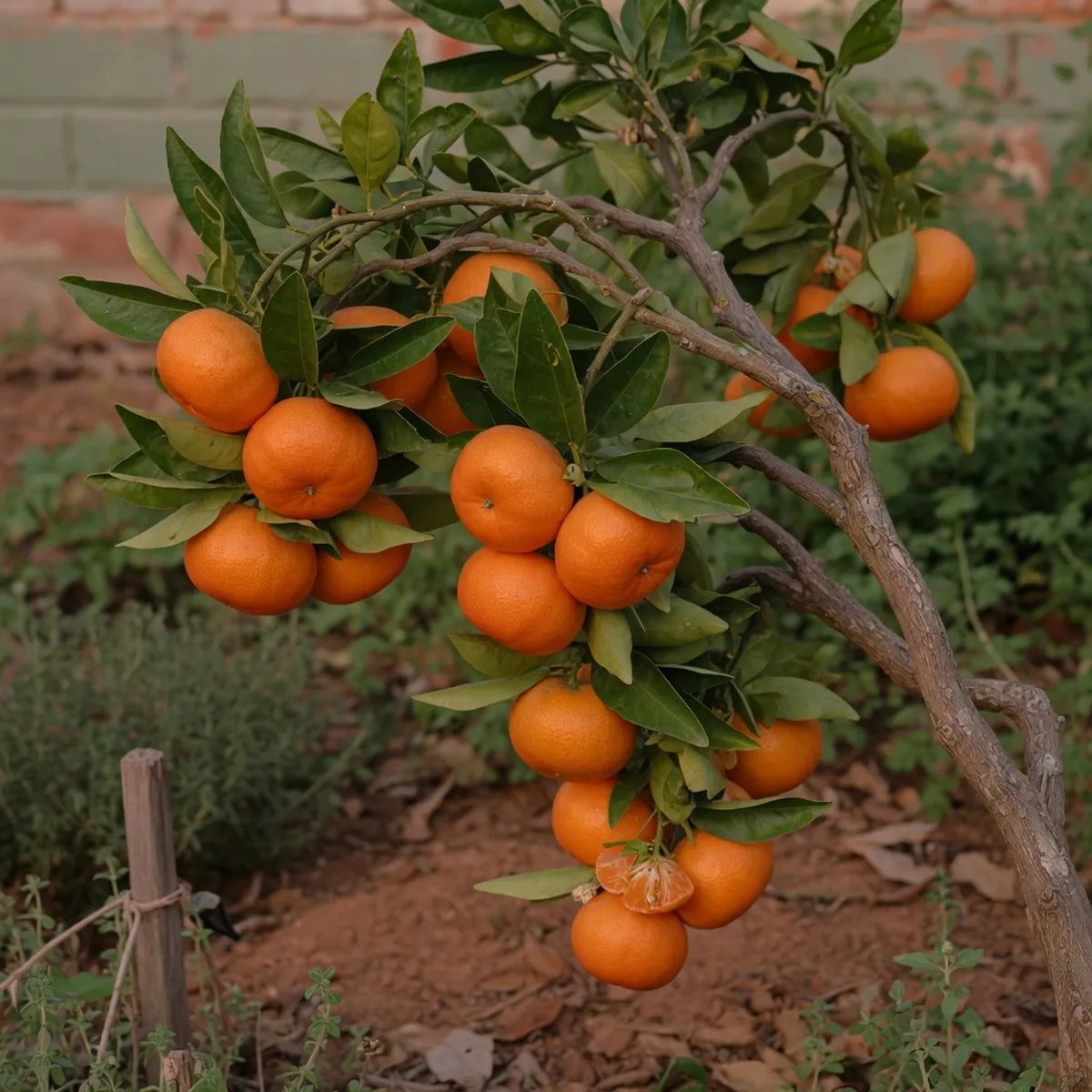 A satsuma branch heavy with ripe seedless mandarins nestled among dark green leaves.