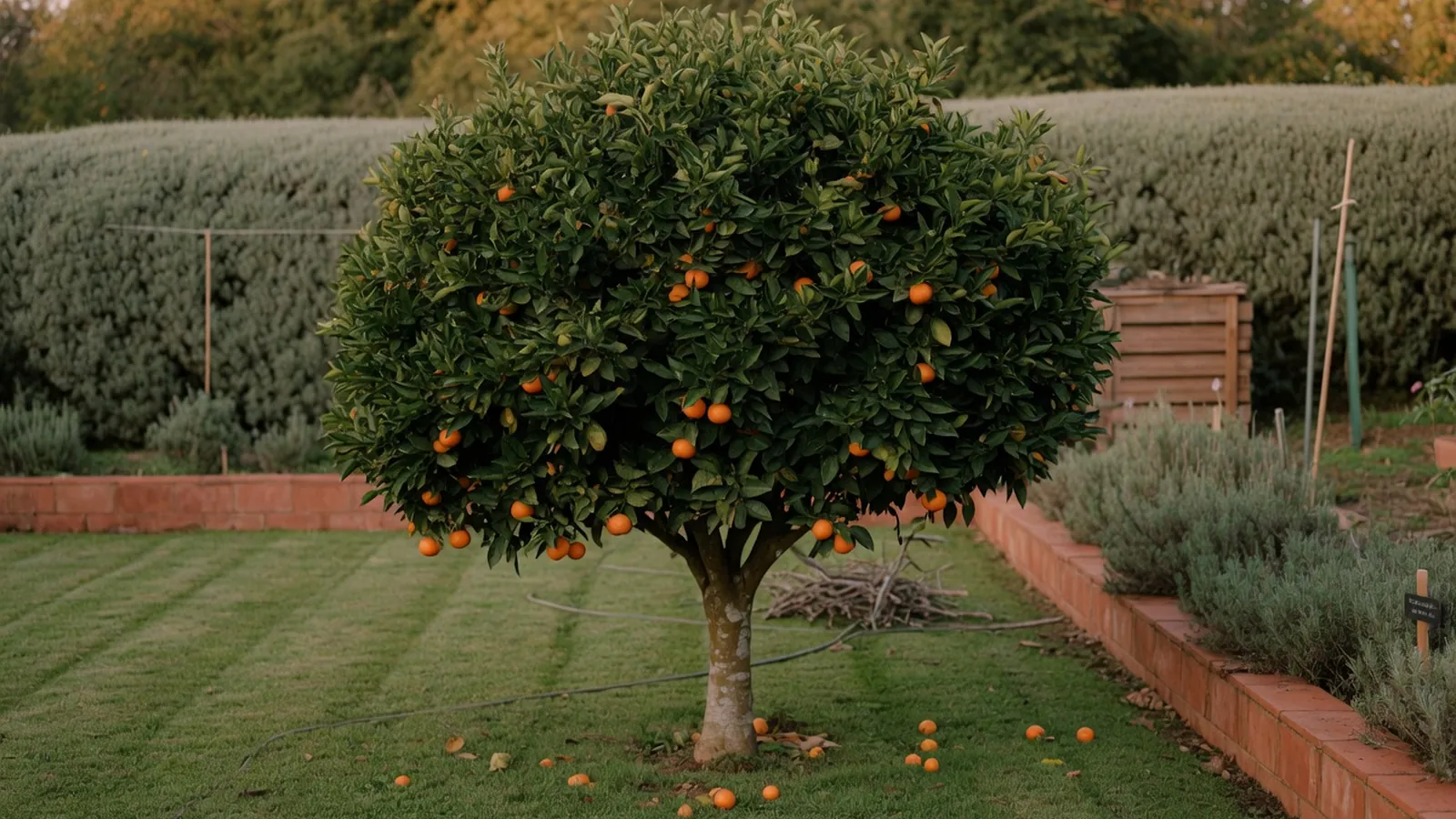 A satsuma tree standing in a garden lawn with dense foliage and ripe orange fruits.
