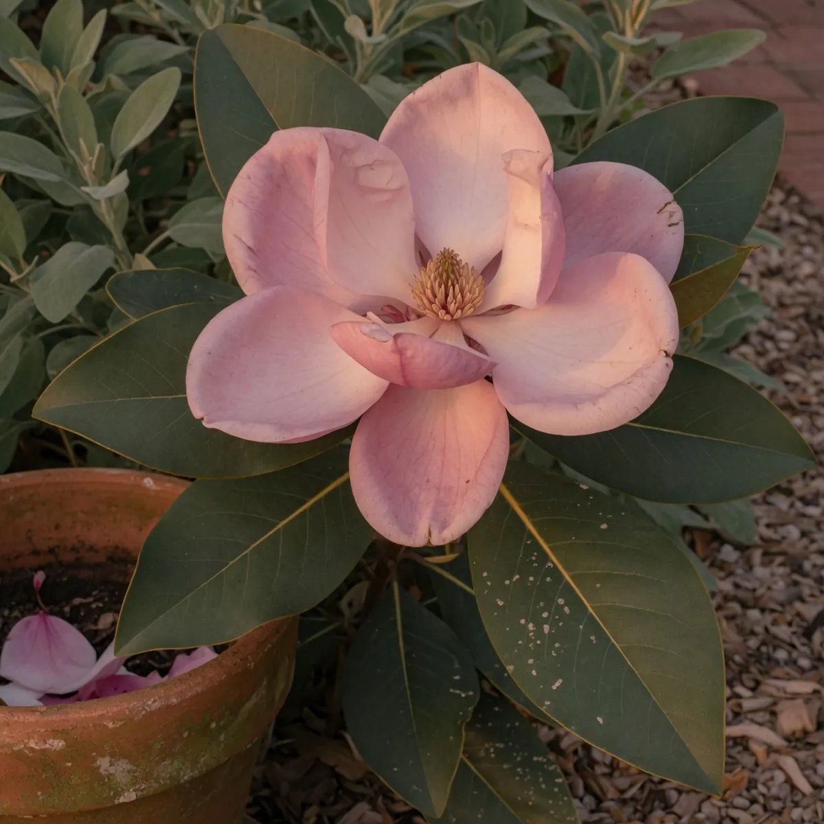 A single large pink saucer magnolia flower with broad dark green leaves in a garden setting.