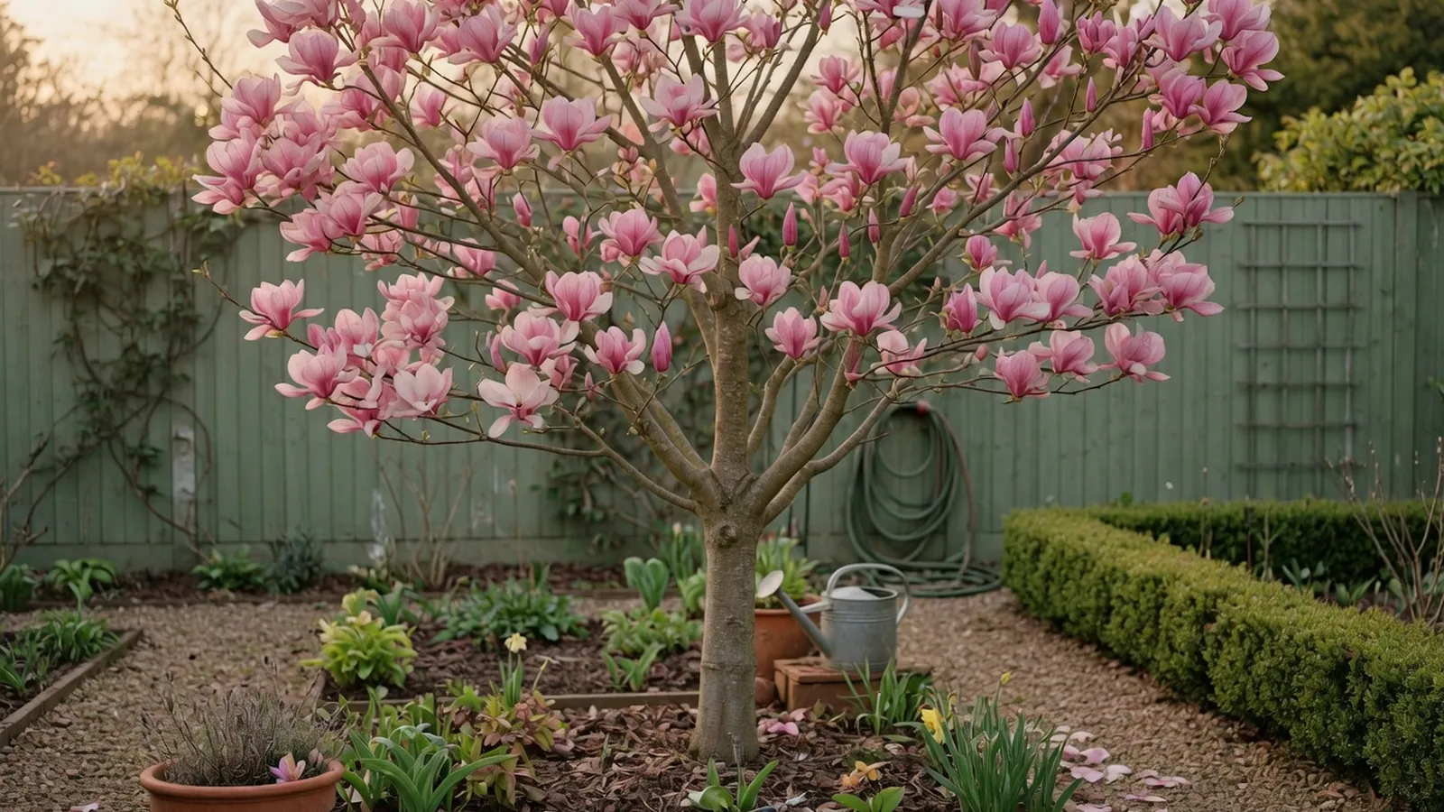 A mature saucer magnolia tree displaying a symmetrical crown of large pink flowers against a soft garden background.