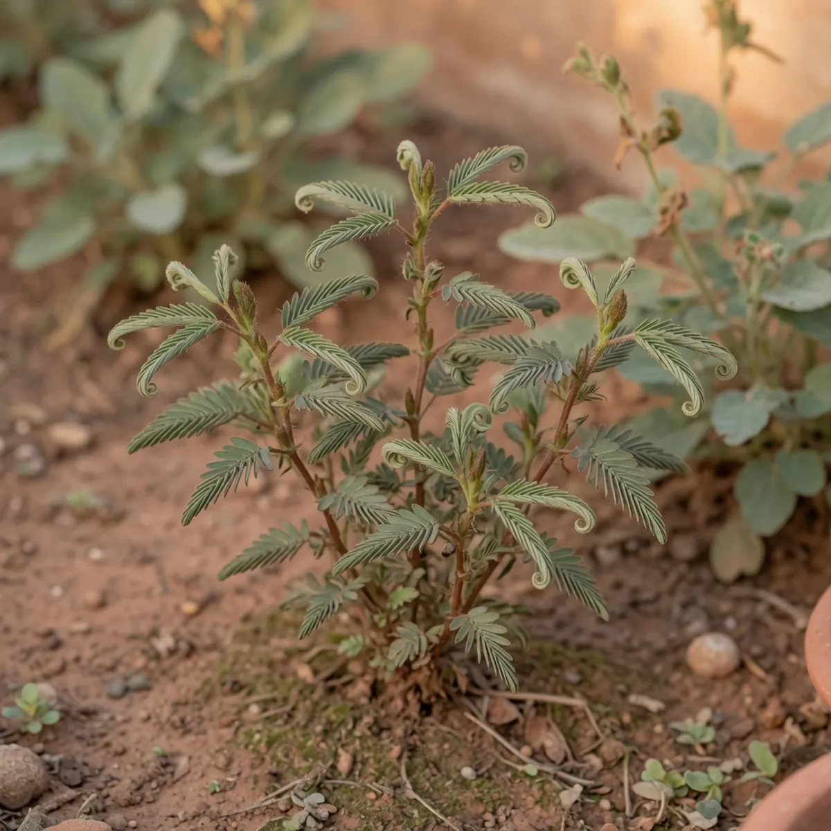 Small sensitive plant shrub with finely divided leaflets curling inward against a blurred natural backdrop.