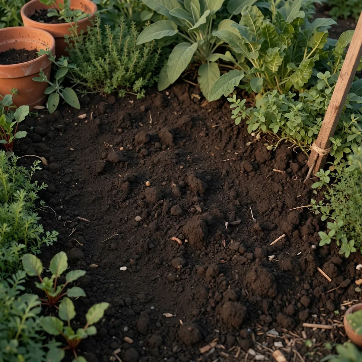 A freshly tilled garden bed with rich dark soil ready for planting, surrounded by green garden borders.