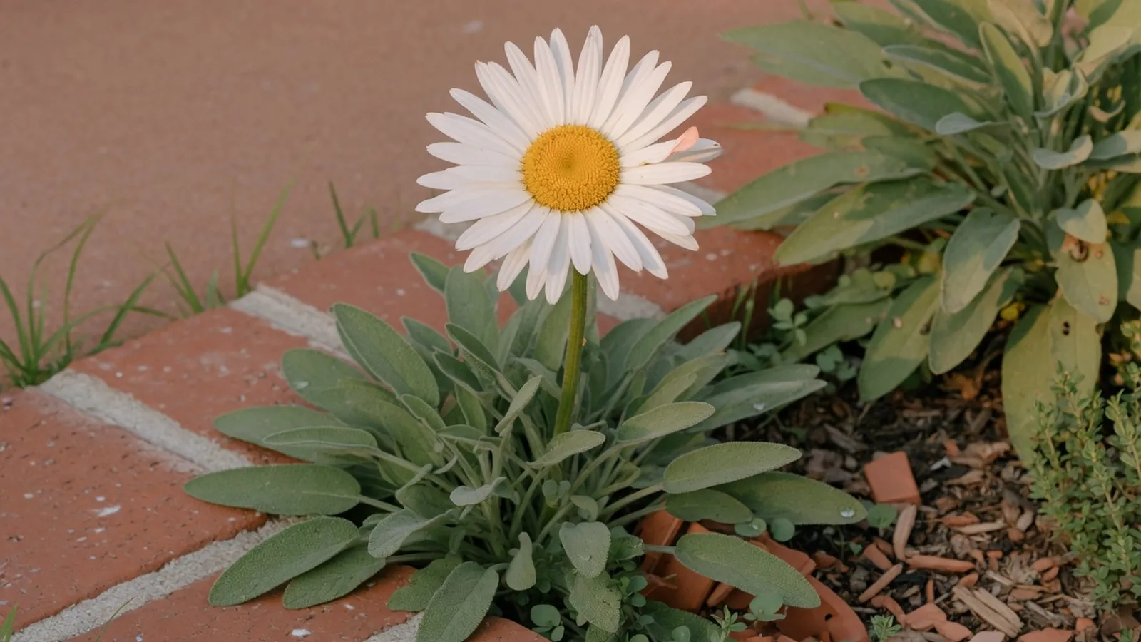 A vibrant Shasta daisy in full bloom showcasing its classic white petals and golden center against a soft garden background.
