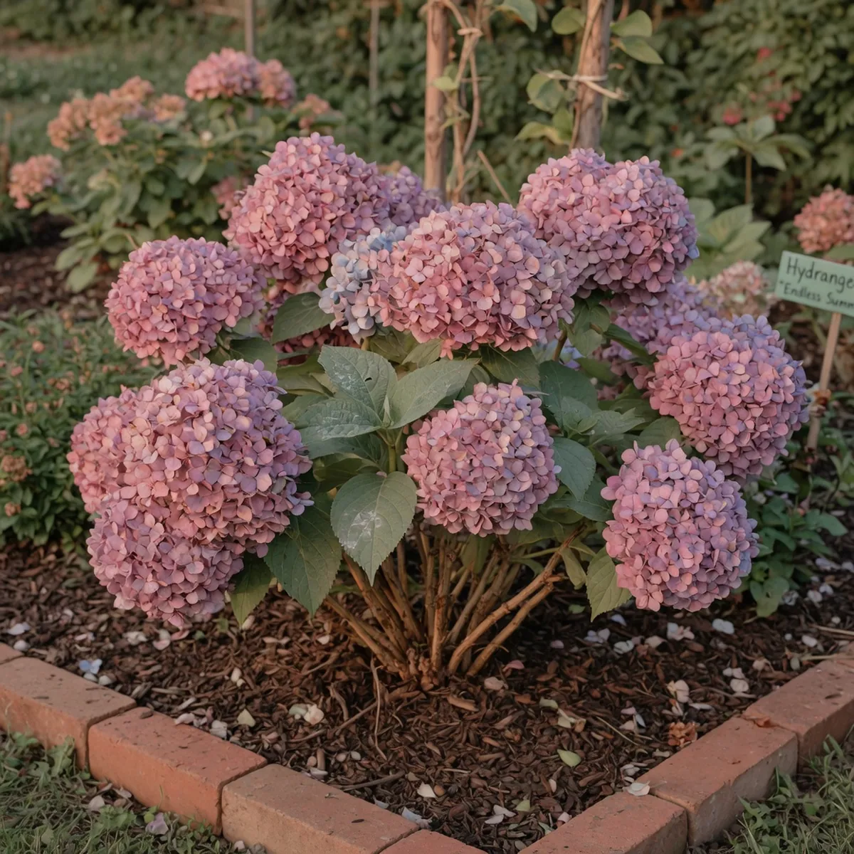 Large clusters of pink and blue hydrangea blooms on a leafy garden shrub.