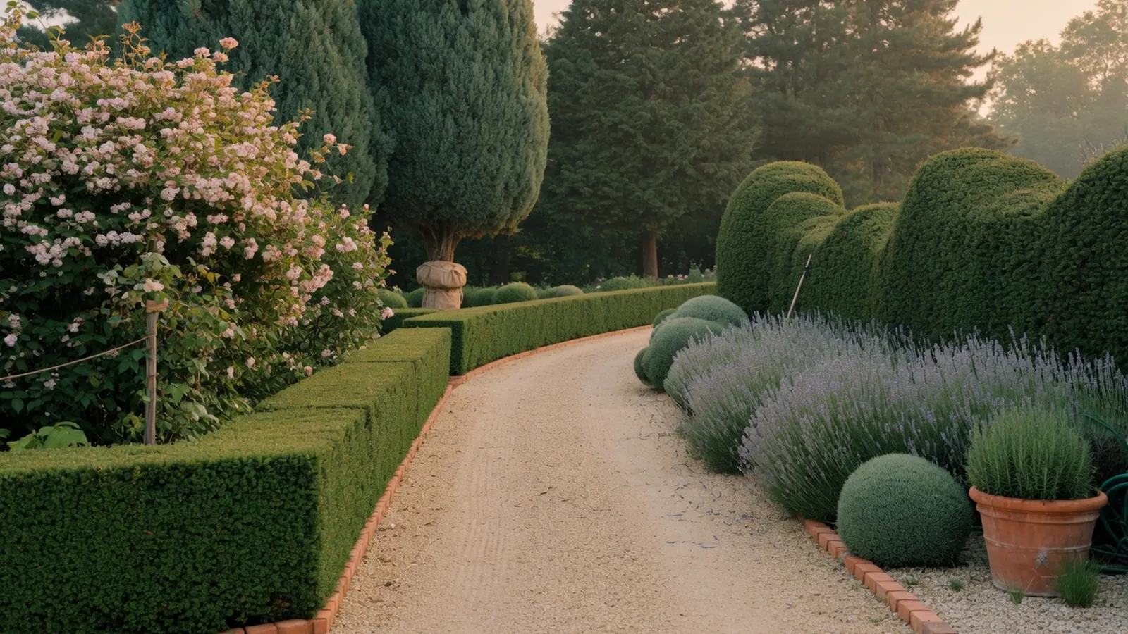 A thoughtfully designed garden landscape featuring a mix of manicured hedges, flowering bushes, and screening conifers.