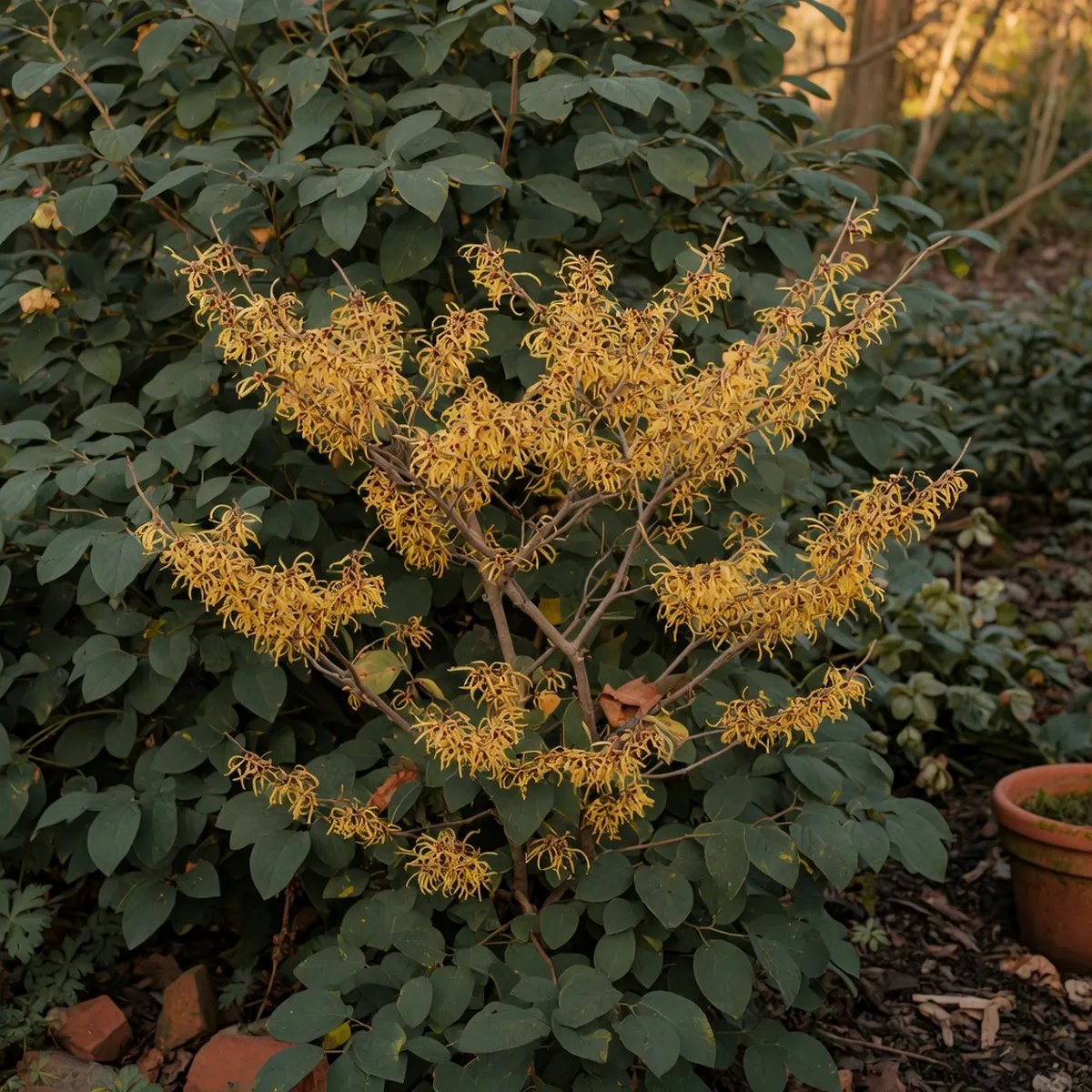A deciduous shrub displaying a dense cluster of bright yellow ribbon-like flowers against dark green foliage.