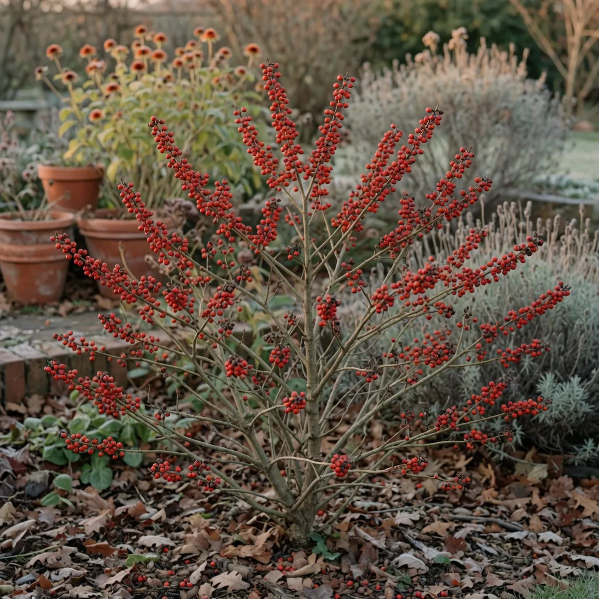 A deciduous holly shrub with bare branches heavily laden with clusters of vivid red berries.