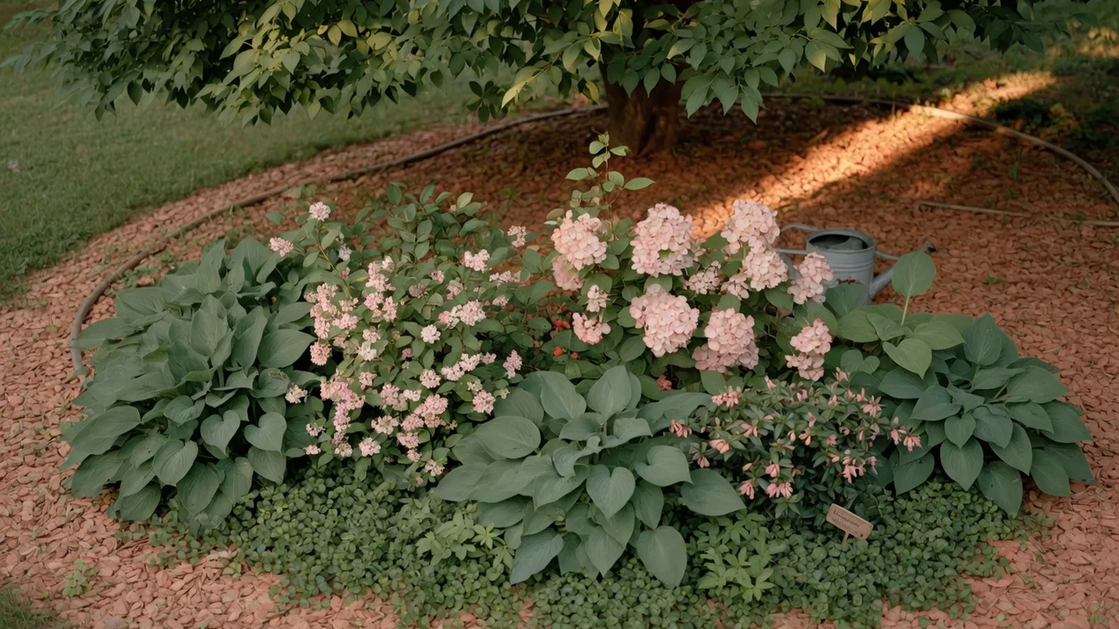 A lush shaded garden featuring a variety of hardy flowering shrubs thriving under tree canopies.