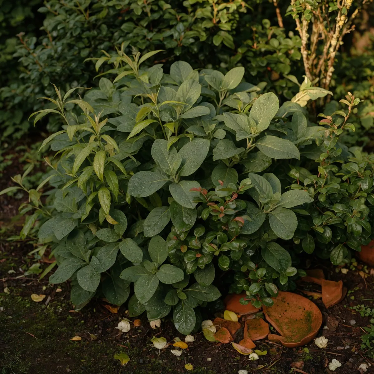 A lush cluster of moisture-loving shrubs thriving in a damp garden bed with glistening leaves.