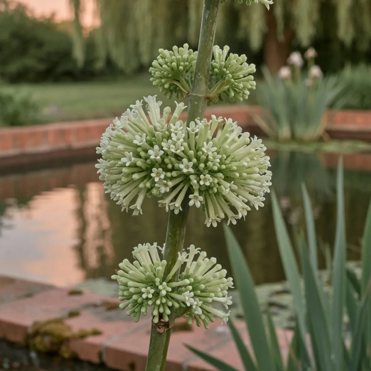 A close-up of fragrant tubular greenish-white flowers arranged in tight spherical clusters on a tall shrub stem.