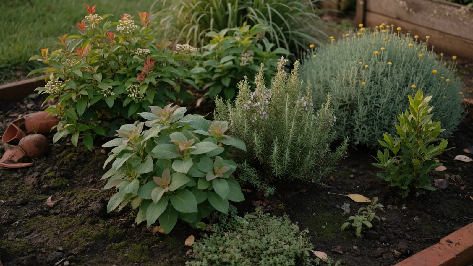 A healthy collection of diverse shrubs flourishing in a naturally damp landscape with rich soil and gentle moisture.