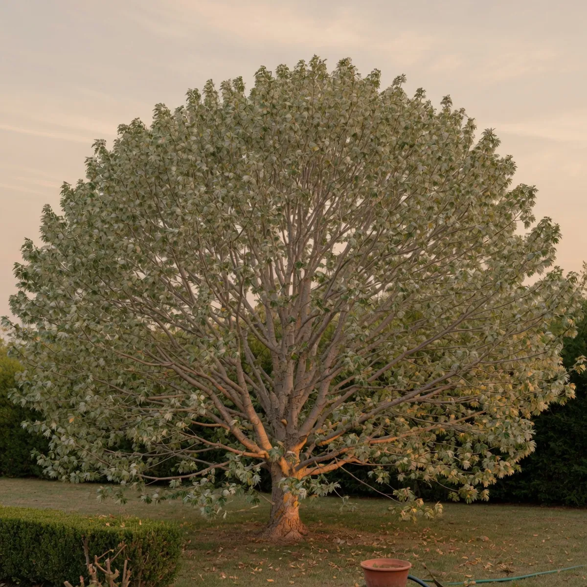 A mature silver maple tree with a dense, oval-shaped crown and ascending branches.
