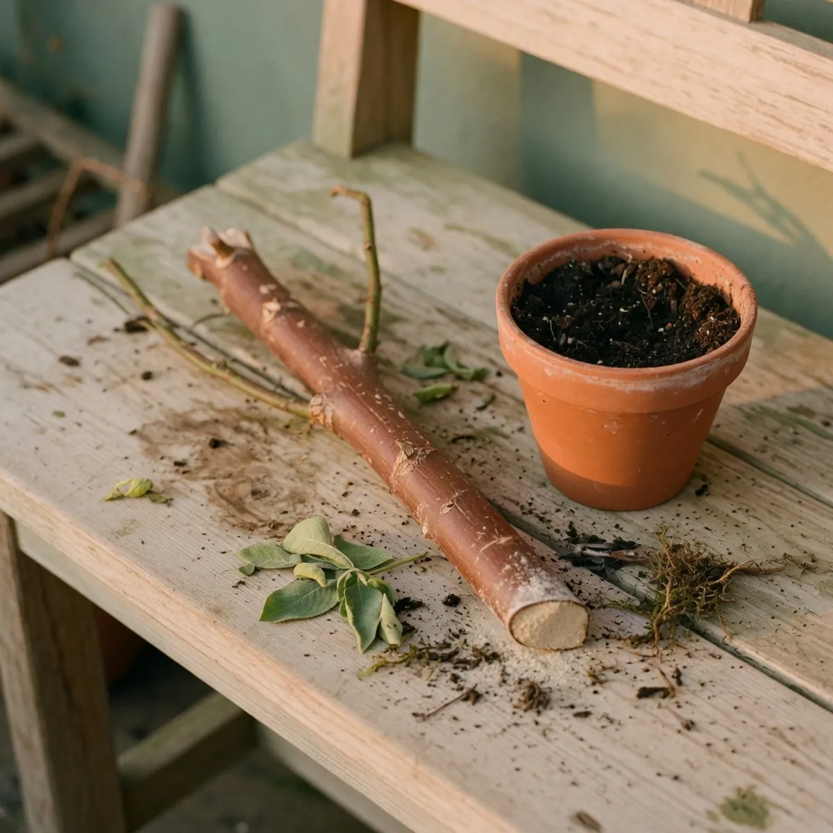 A prepared hardwood cutting with stripped leaves resting on a wooden bench beside a pot of soil.