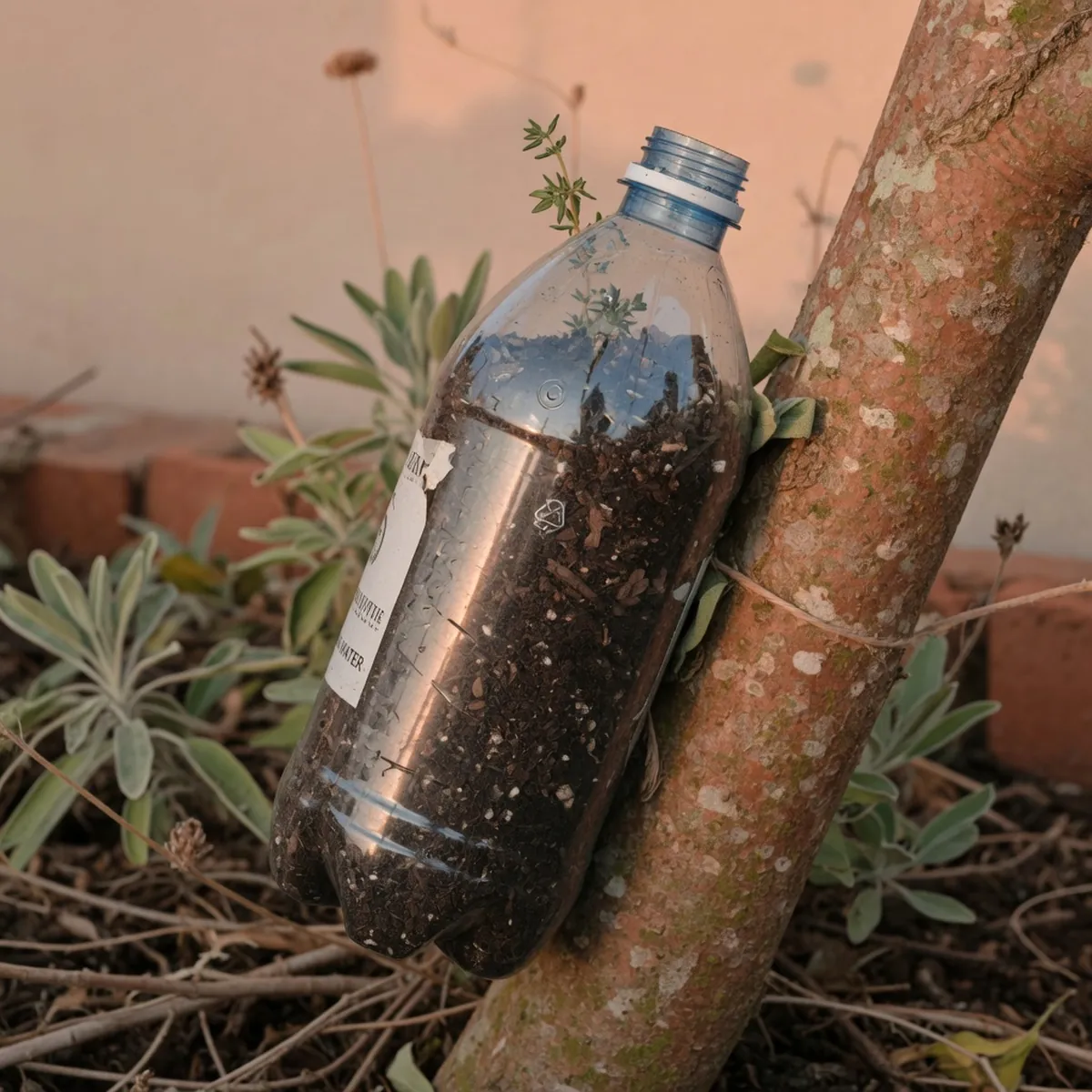 A plastic bottle with its bottom cut out, filled with soil and propped against a tree branch.