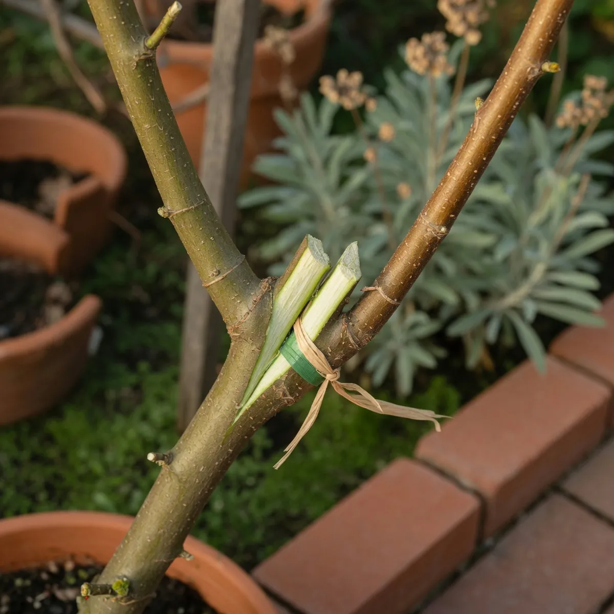 Two tree branches with diagonal cuts aligned together to join their cambium layers.
