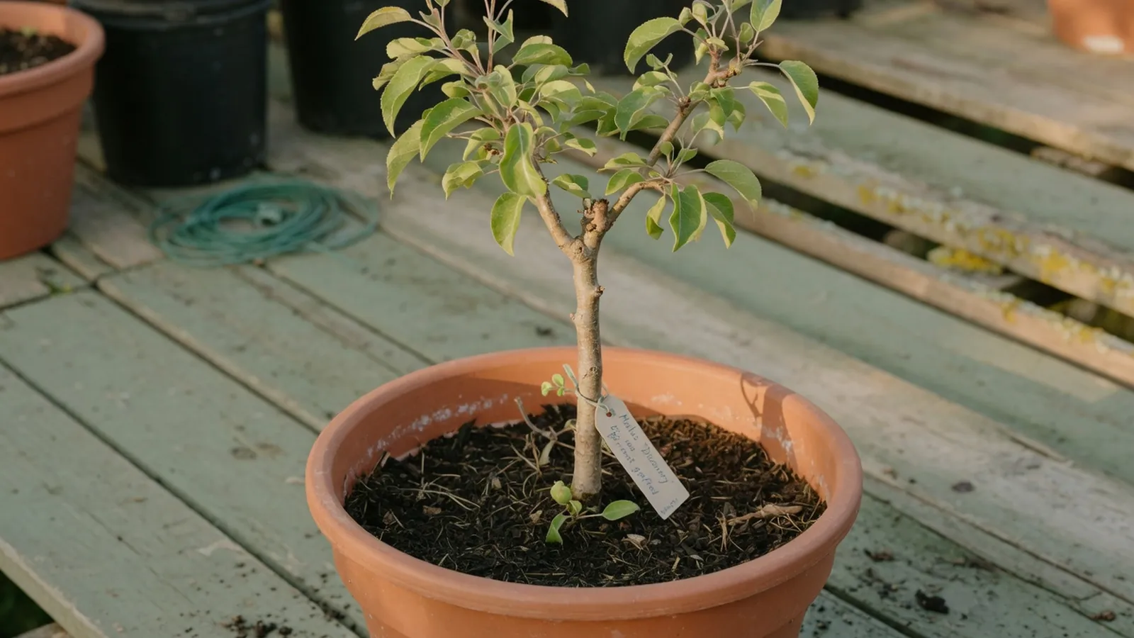 A young fruit tree sapling in a nursery pot ready for vegetative propagation.