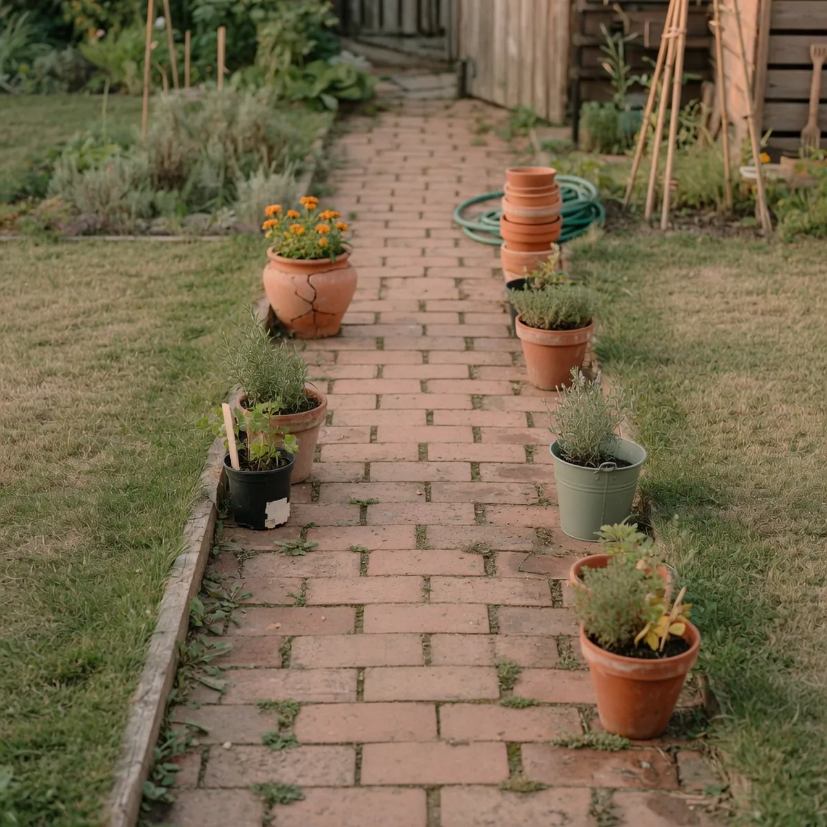 A narrow garden path bordered by grass patches and small potted plants along its edges.