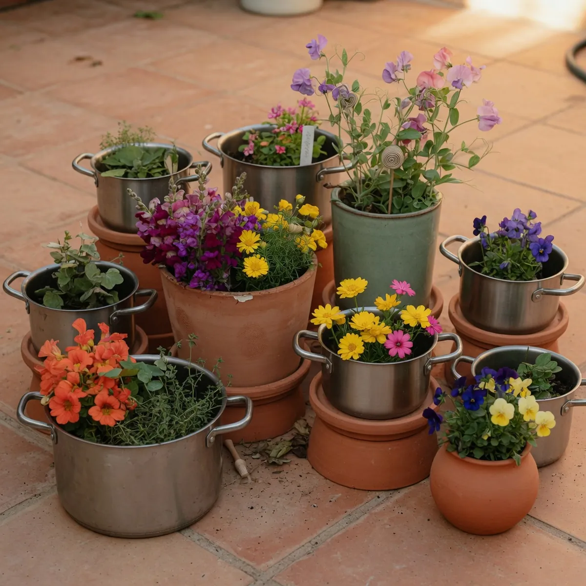An arrangement of stainless steel and ceramic pots in varying sizes holding colorful flowering plants.