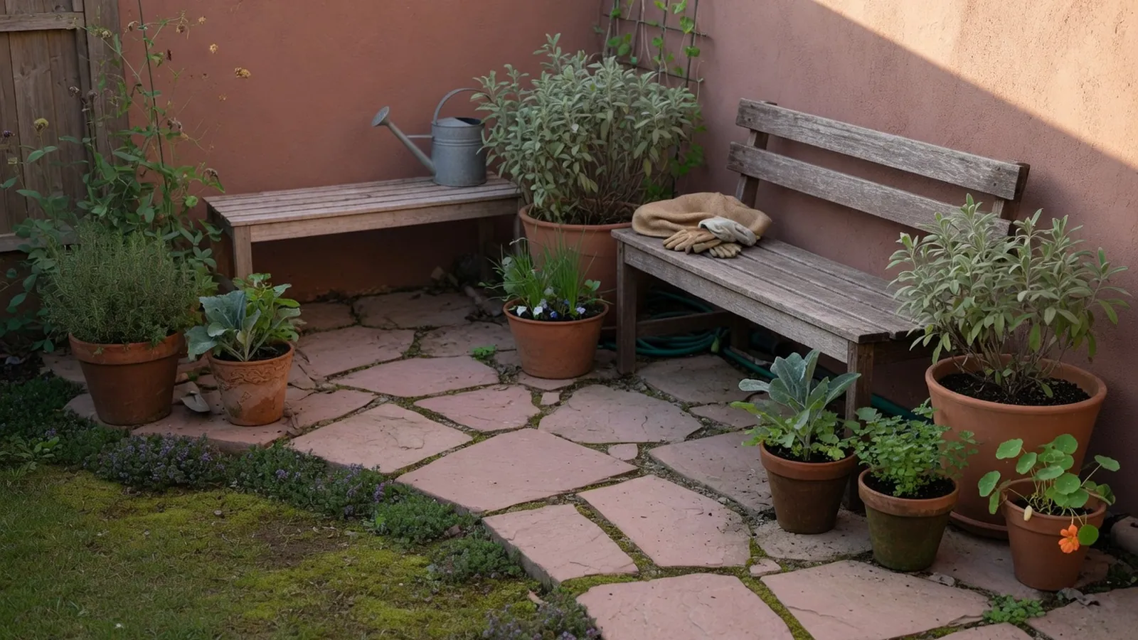 A compact backyard layout with a curved stone path, potted greenery, and a wooden bench.