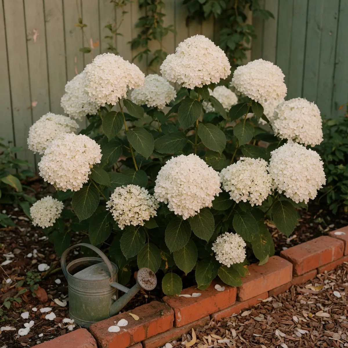 A mature Annabelle hydrangea shrub displaying large white flower clusters among green foliage in a garden setting.