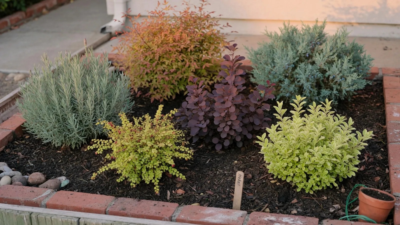 A variety of small to medium-sized shrubs with diverse foliage arranged in a residential garden bed.