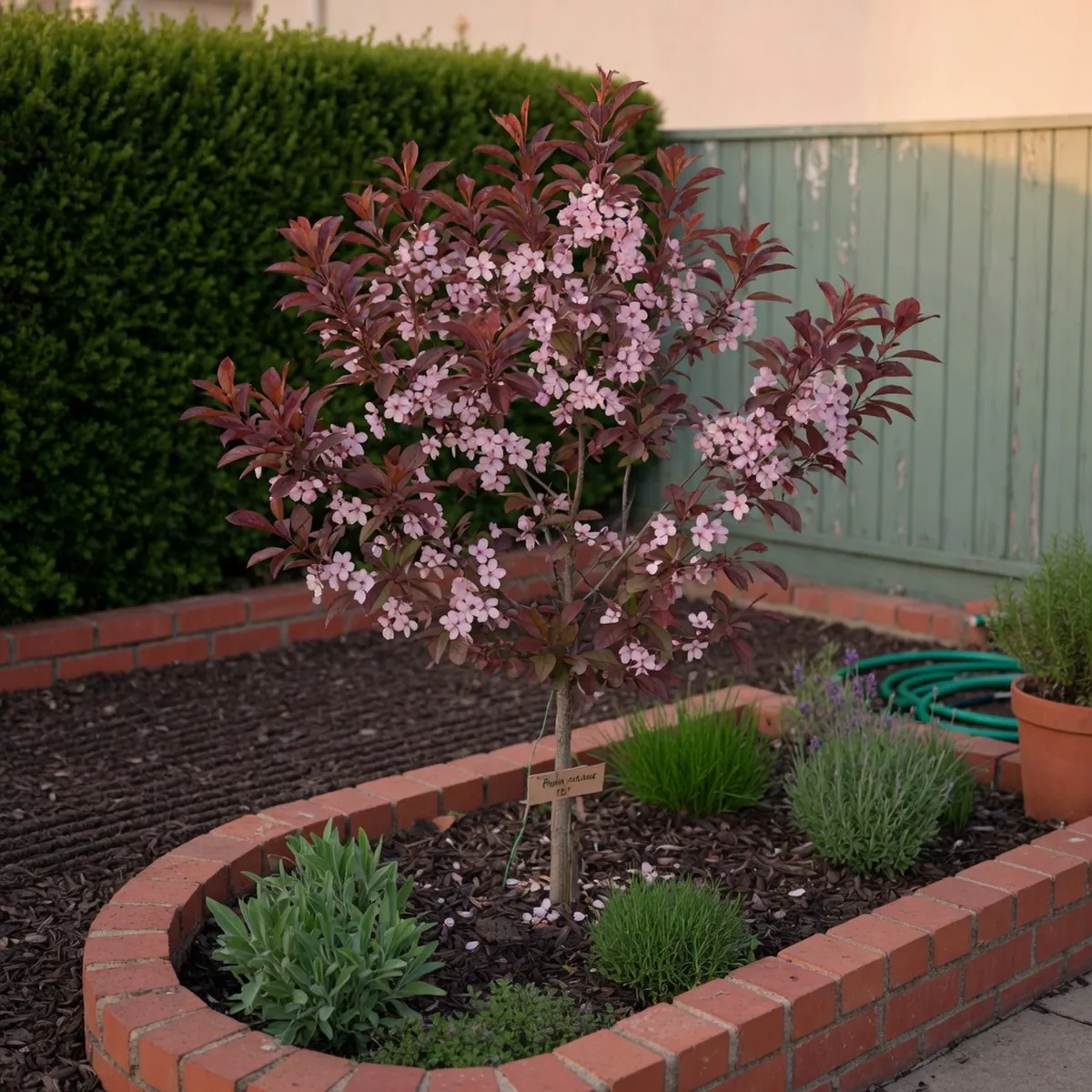 A young Purpleleaf Sand Cherry tree with rich red-purple foliage and clusters of delicate pink blossoms standing in a manicured garden bed.